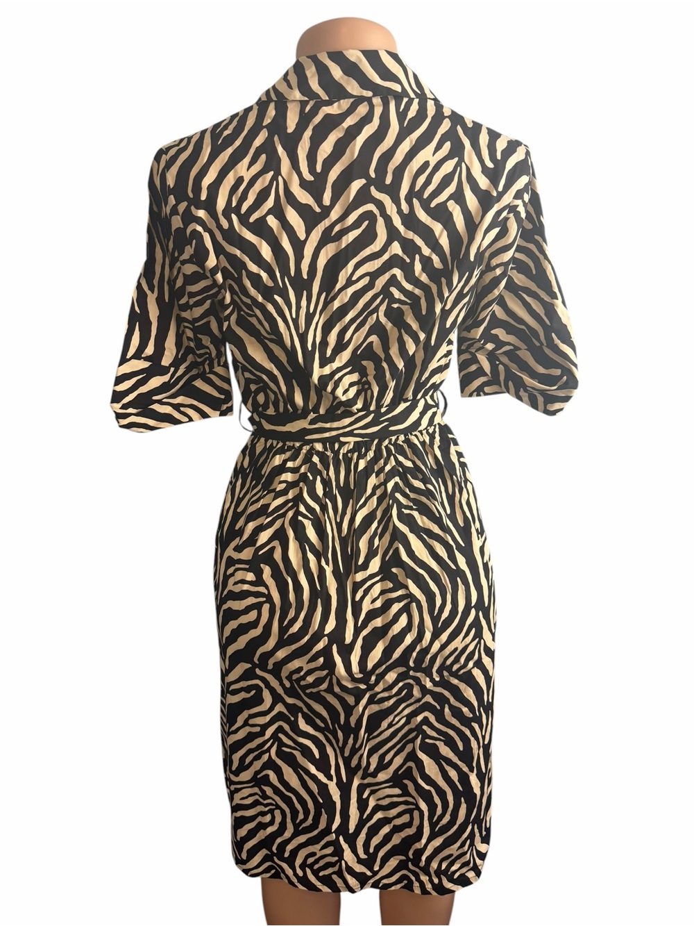 DKNY Elbow Sleeve Collared Neck Button-Front Belted Shirt Dress Zebra Print - Picture 4 of 9